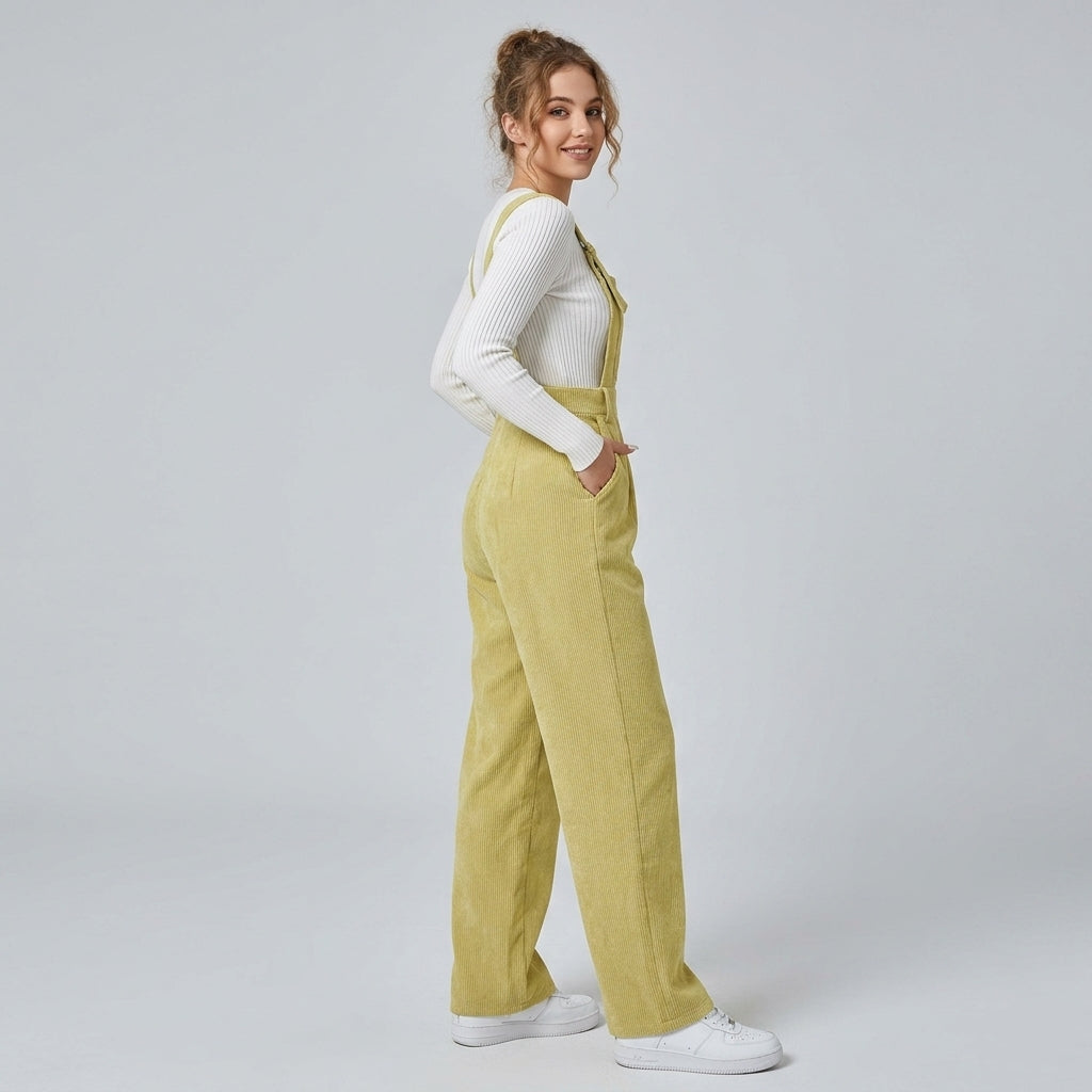 Ianthe | Women's Corduroy Jumpsuit – Wide Shoulder Straps, Button Detail, Solid Color