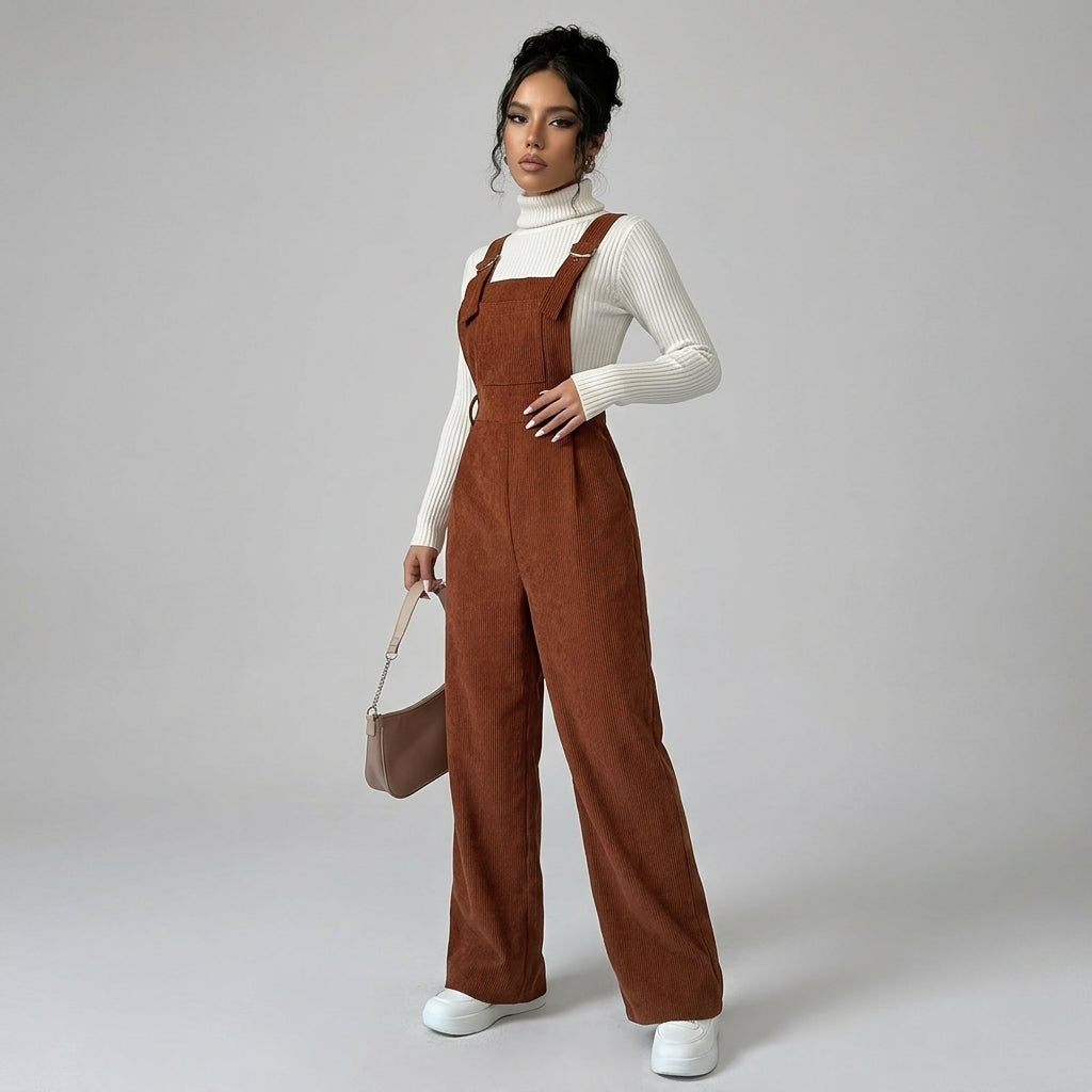 Ianthe | Women's Corduroy Jumpsuit – Wide Shoulder Straps, Button Detail, Solid Color