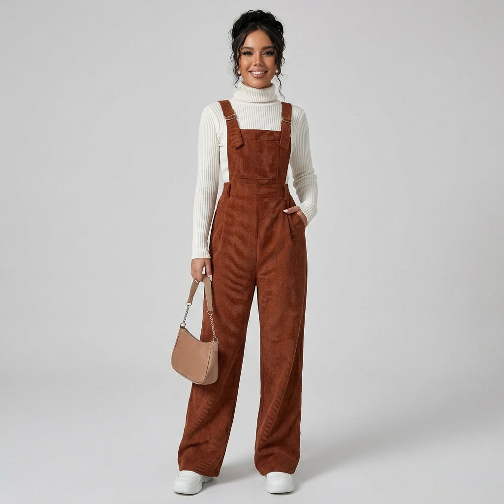 Ianthe | Women's Corduroy Jumpsuit – Wide Shoulder Straps, Button Detail, Solid Color