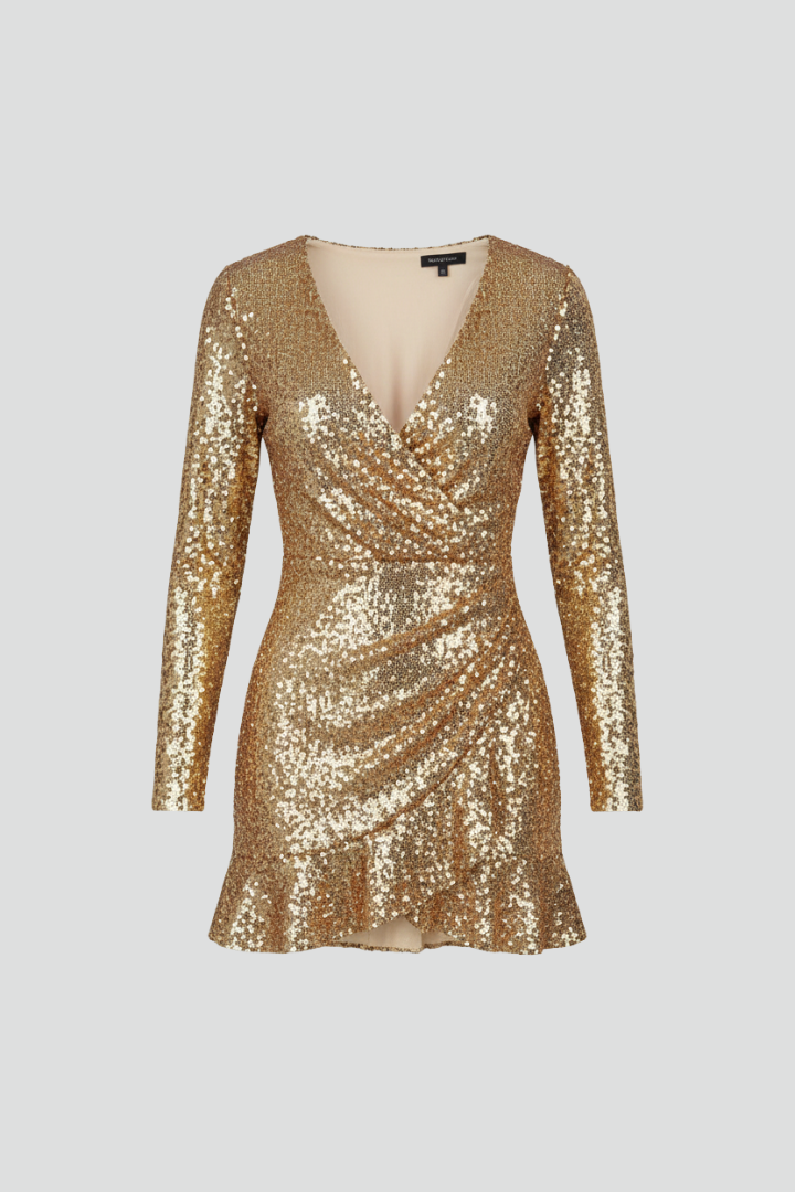 Ilaria | Women's Elegant Mini Dress – Wrap V-Neck Long Sleeve Textured Dress
