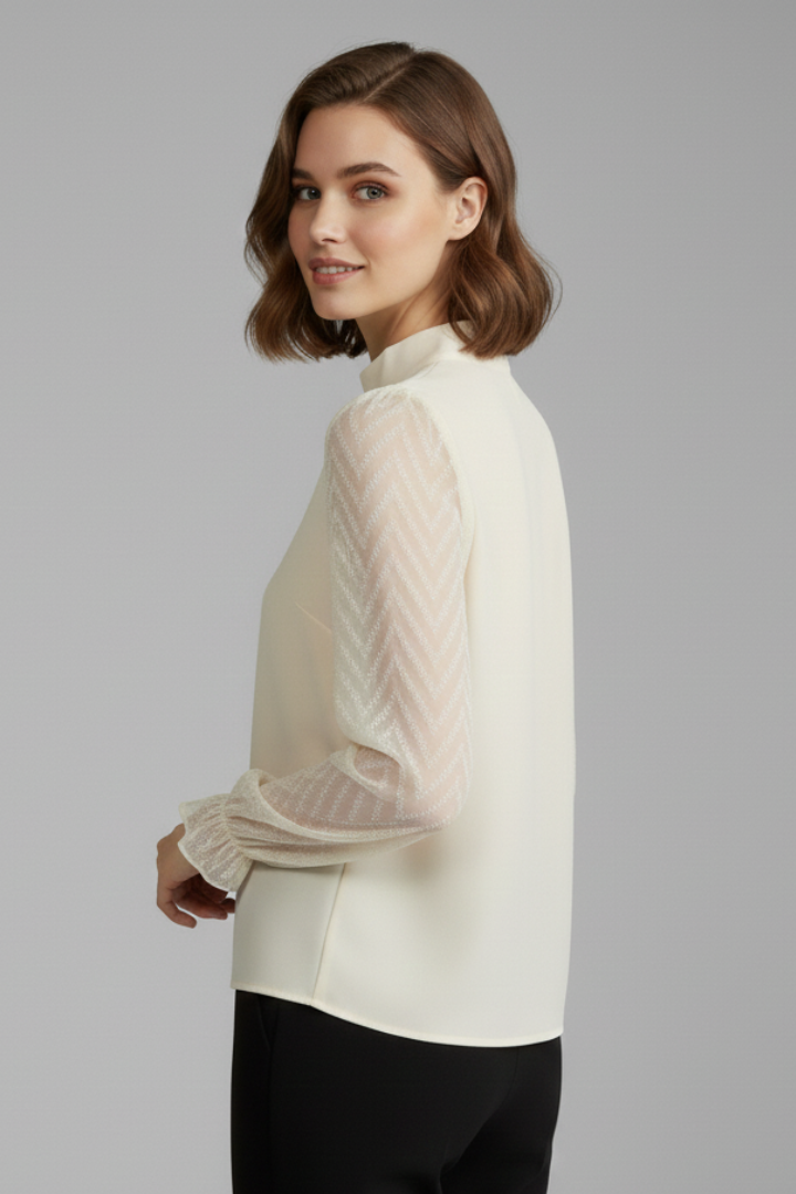Ilyndra | Women’s Long Sleeve Blouse – Pleated Neck Top with Textured Sleeves