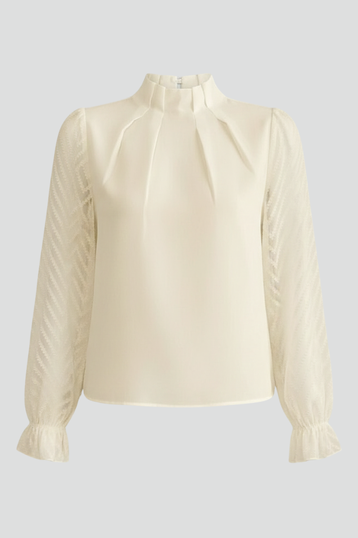 Ilyndra | Women’s Long Sleeve Blouse – Pleated Neck Top with Textured Sleeves