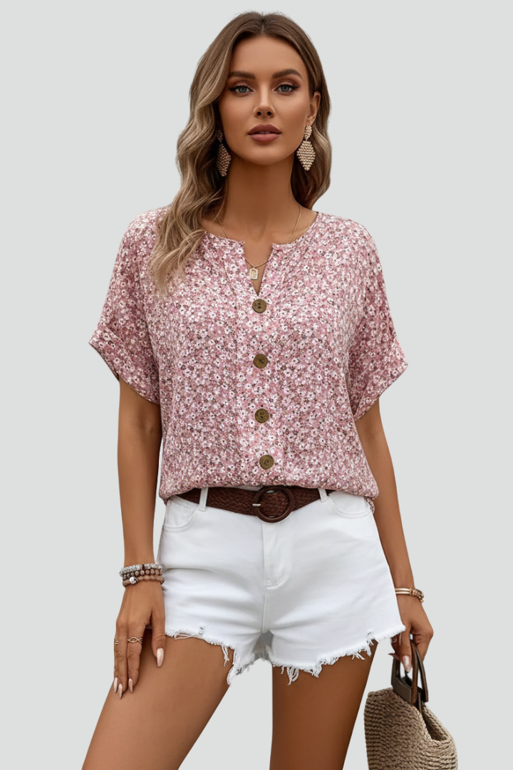 Irya | Women’s Casual Short Sleeve Blouse – Button Front Patterned Hip Length Top