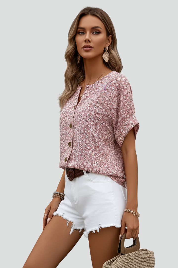 Irya | Women’s Casual Short Sleeve Blouse – Button Front Patterned Hip Length Top