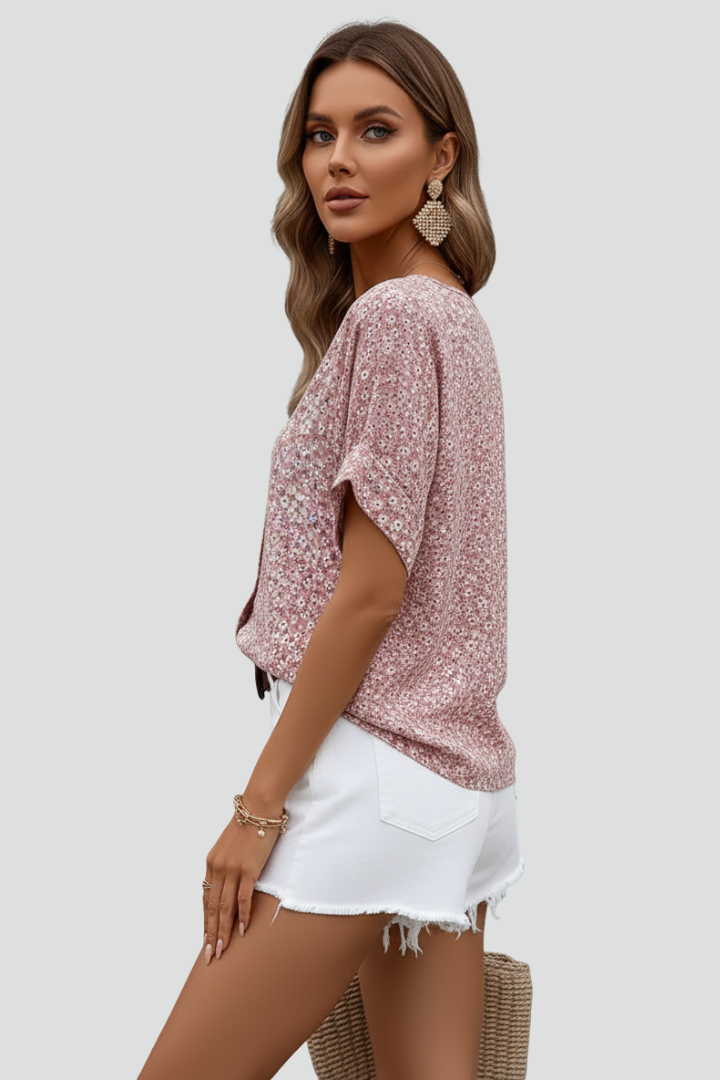 Irya | Women’s Casual Short Sleeve Blouse – Button Front Patterned Hip Length Top