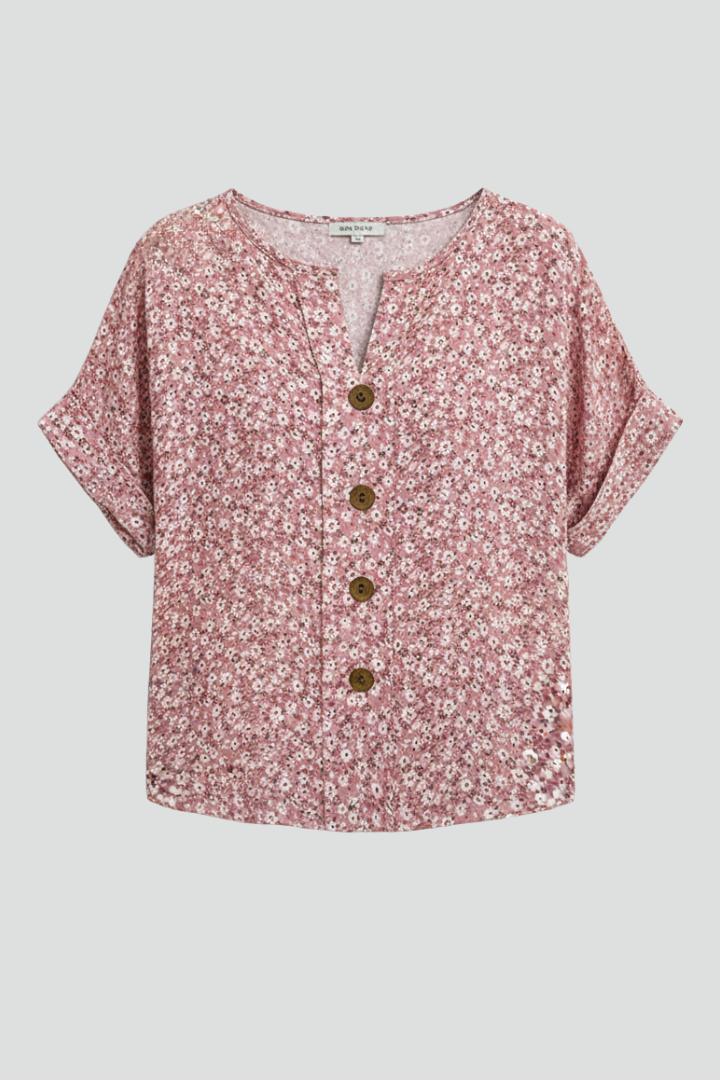 Irya | Women’s Casual Short Sleeve Blouse – Button Front Patterned Hip Length Top