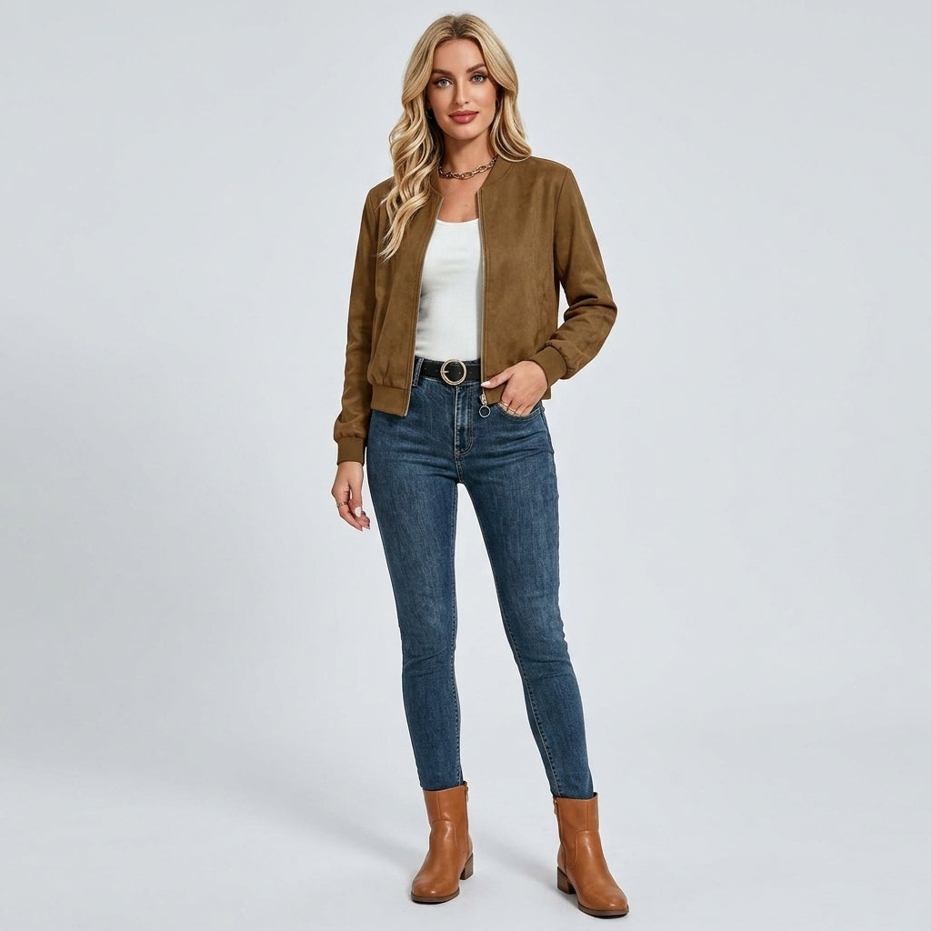 Isabeau | Women's Suede-Textured Jacket – Solid Color, Long Sleeve Casual Coat