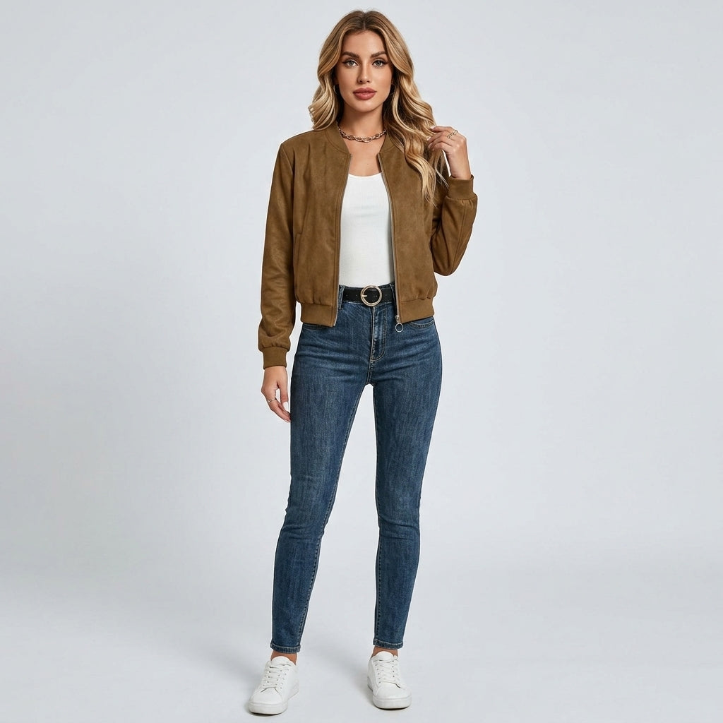 Isabeau | Women's Suede-Textured Jacket – Solid Color, Long Sleeve Casual Coat