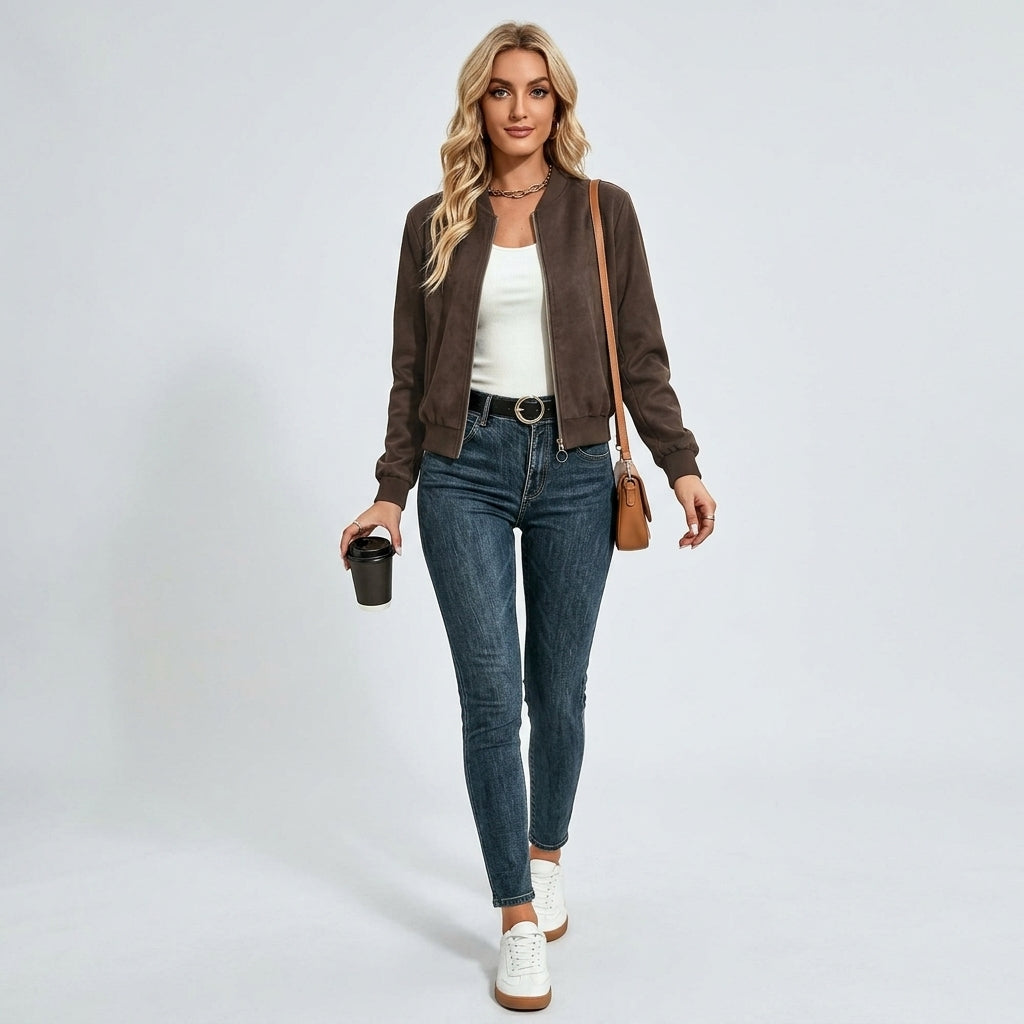 Isabeau | Women's Suede-Textured Jacket – Solid Color, Long Sleeve Casual Coat