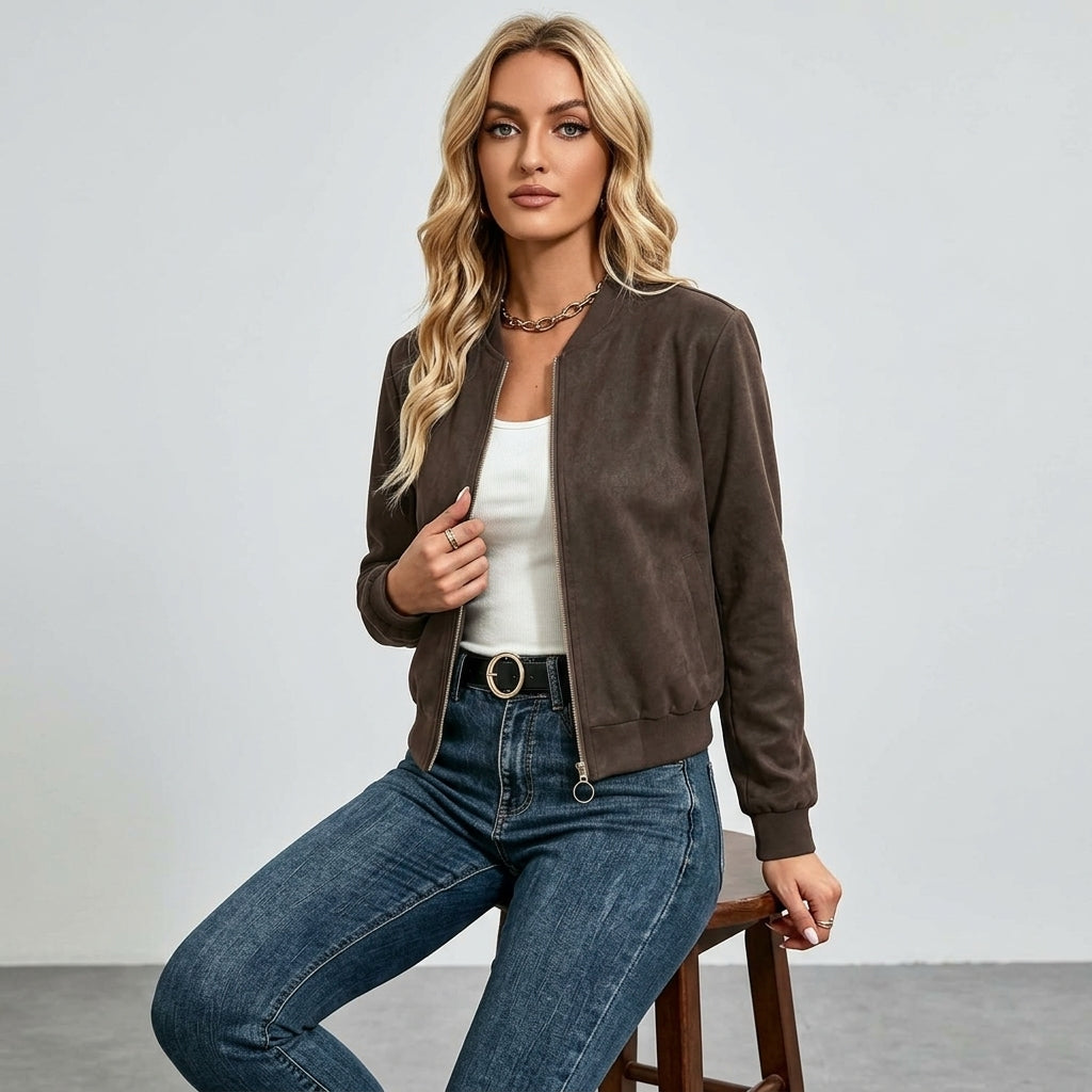Isabeau | Women's Suede-Textured Jacket – Solid Color, Long Sleeve Casual Coat
