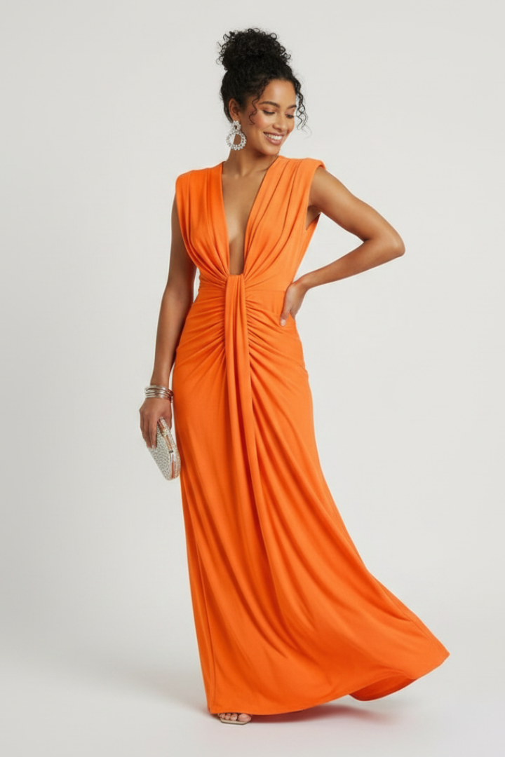 Ismira | Women’s Pleated Maxi Dress – Sleeveless Deep V-Neck Elegant Floor-Length Gown