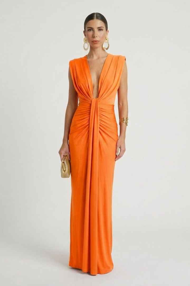 Ismira | Women’s Pleated Maxi Dress – Sleeveless Deep V-Neck Elegant Floor-Length Gown