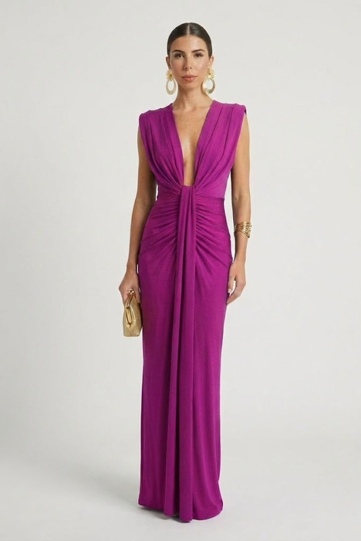 Ismira | Women’s Pleated Maxi Dress – Sleeveless Deep V-Neck Elegant Floor-Length Gown