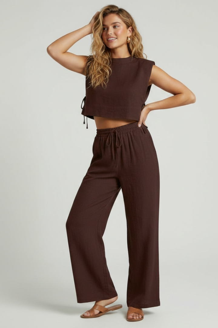 Isolde | Women’s 2-Piece Set - Sleeveless Cropped Top & Wide Leg Pants, Summer Outfit