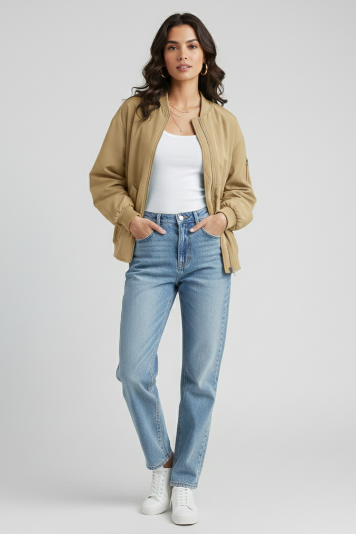 Ivanna | Women's Casual Zip Jacket – Bomber Style Coat with Snap Button Pockets