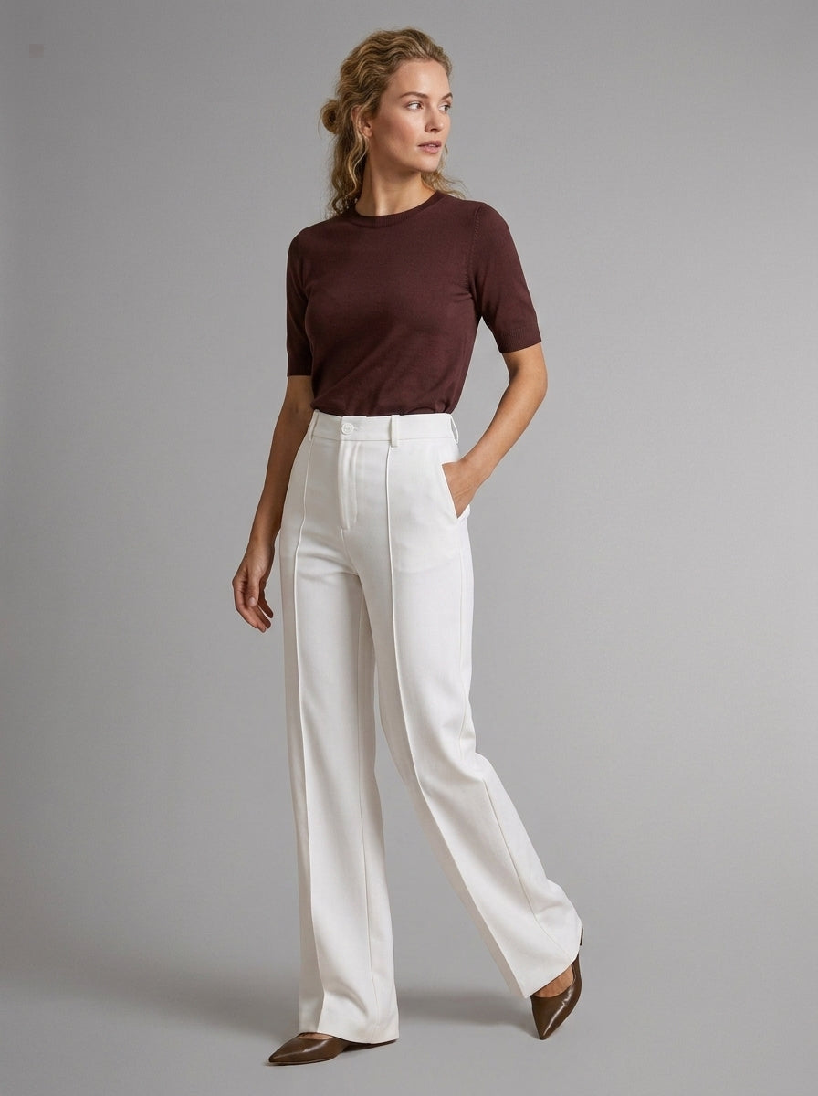 Ivory | Women's High Waist Straight Leg Trousers – Pull-On Stretch Dress Pants