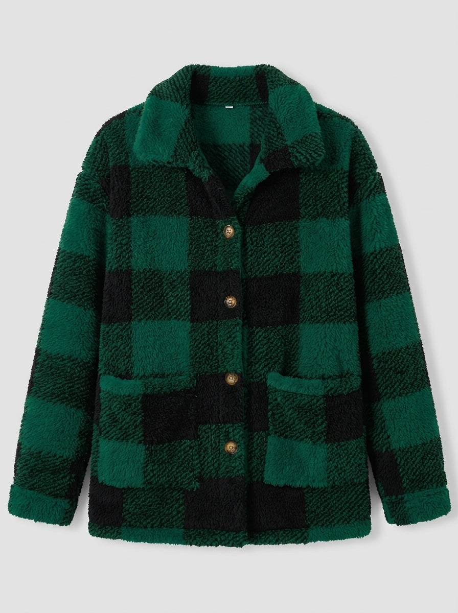 Novalyn | Women's Plaid Teddy Coat, Long Sleeve Single-Breasted Jacket with Patch Pockets