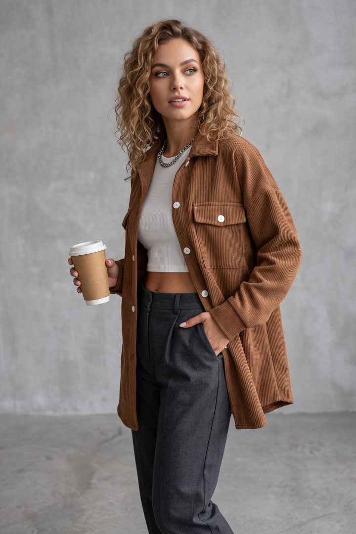 Janelle | Women's Corduroy Shirt Jacket – Button-Up Shacket with Chest Pockets & Long Sleeves