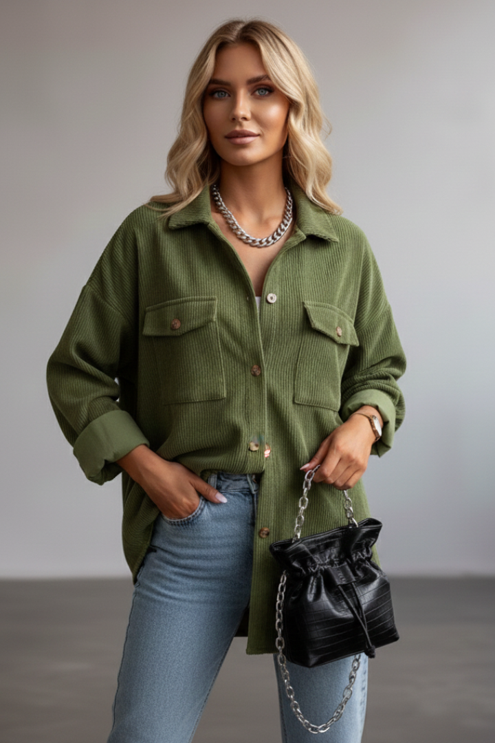 Janelle | Women's Corduroy Shirt Jacket – Button-Up Shacket with Chest Pockets & Long Sleeves