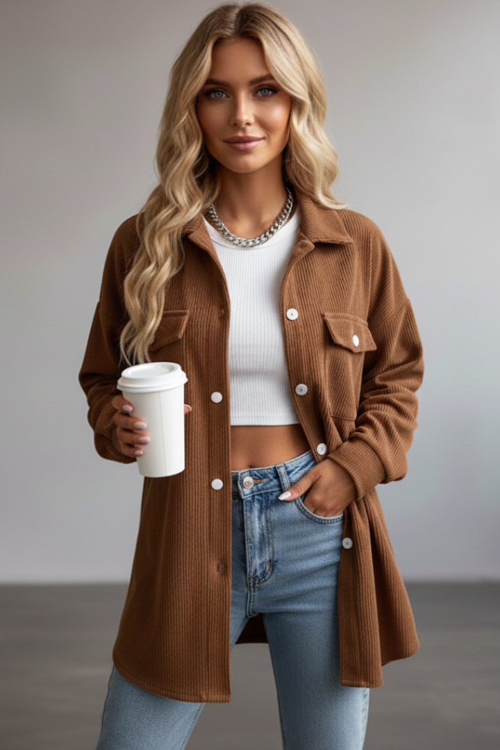 Janelle | Women's Corduroy Shirt Jacket – Button-Up Shacket with Chest Pockets & Long Sleeves
