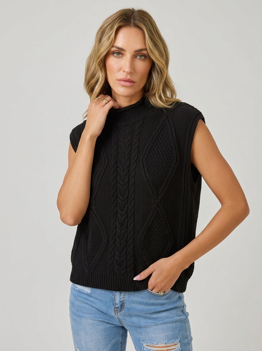 Jessalina | Women's Black Cable Knit Sweater Vest – High Neck, Sleeveless & Loose Fit