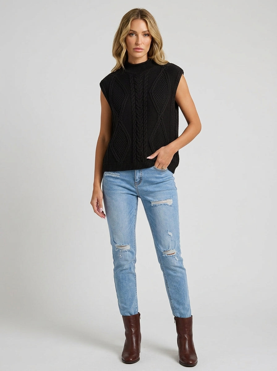 Jessalina | Women's Black Cable Knit Sweater Vest – High Neck, Sleeveless & Loose Fit