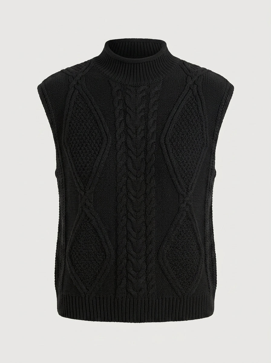 Jessalina | Women's Black Cable Knit Sweater Vest – High Neck, Sleeveless & Loose Fit