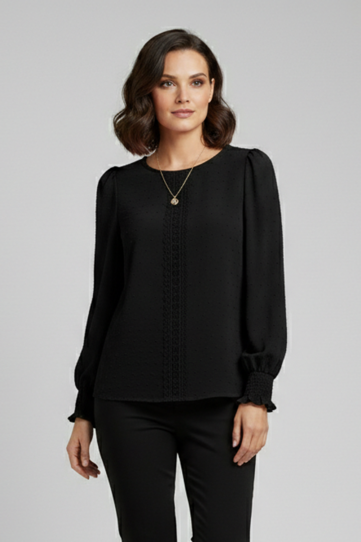 Jessamine | Women’s Embroidered Blouse – Long Sleeve Round Neck Top with Button