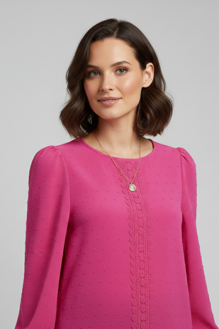 Jessamine | Women’s Embroidered Blouse – Long Sleeve Round Neck Top with Button