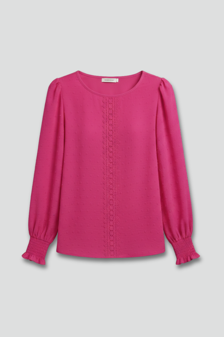Jessamine | Women’s Embroidered Blouse – Long Sleeve Round Neck Top with Button
