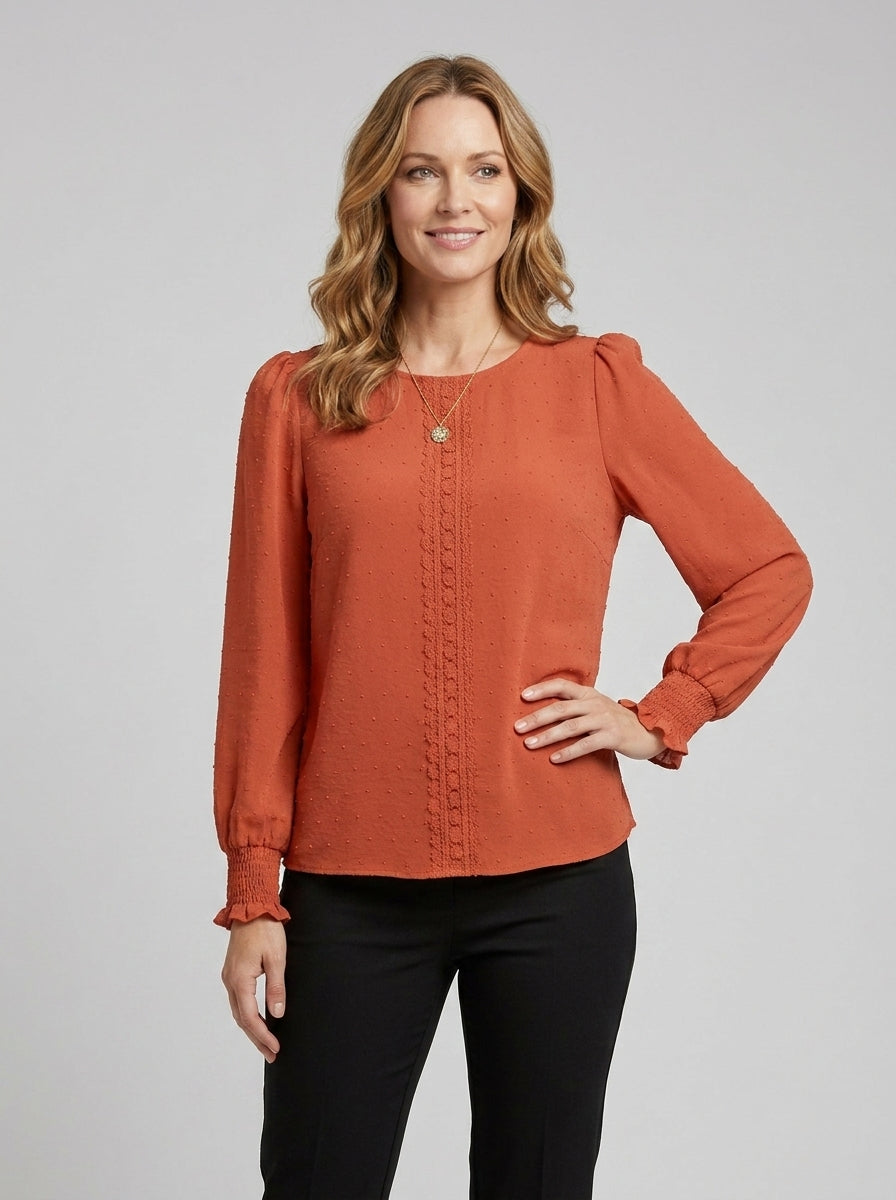 Jessamine | Women’s Embroidered Blouse – Long Sleeve Round Neck Top with Button