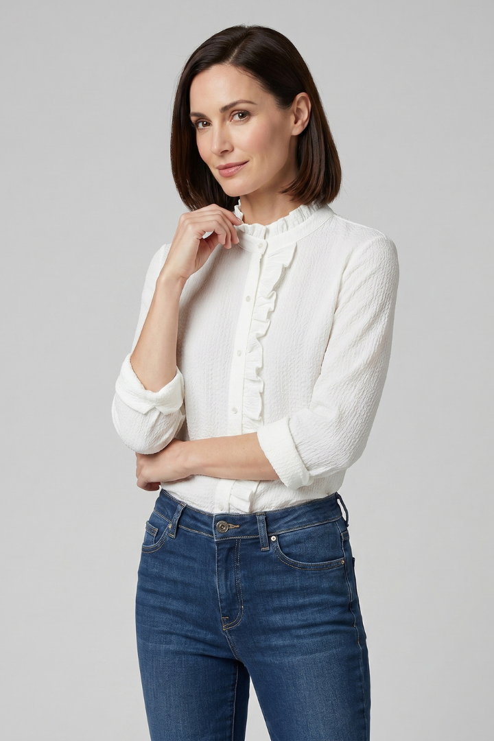Jora | Women's Casual Blouse - Round Neck Long Sleeve Top, Smooth Structured Finish