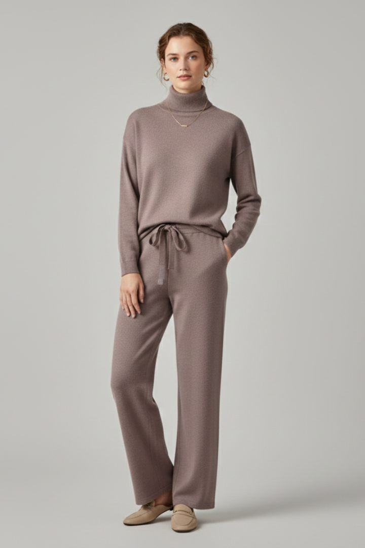 Joriellea | Women’s Knit Lounge Set – High Neck Long Sleeve Top & Wide-Leg Drawstring Pants