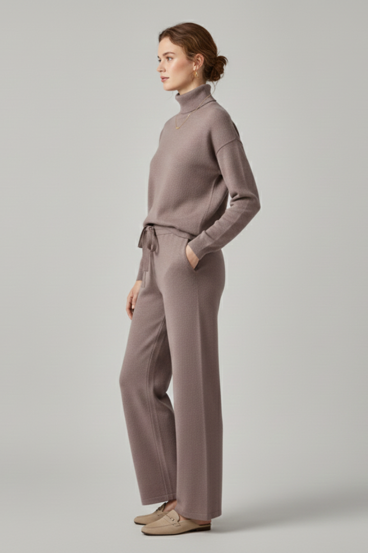 Joriellea | Women’s Knit Lounge Set – High Neck Long Sleeve Top & Wide-Leg Drawstring Pants