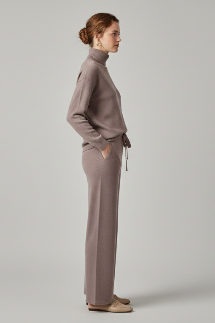Joriellea | Women’s Knit Lounge Set – High Neck Long Sleeve Top & Wide-Leg Drawstring Pants