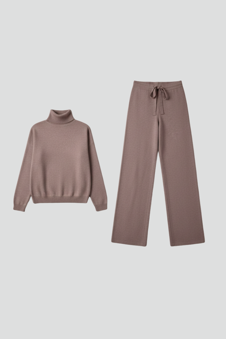 Joriellea | Women’s Knit Lounge Set – High Neck Long Sleeve Top & Wide-Leg Drawstring Pants