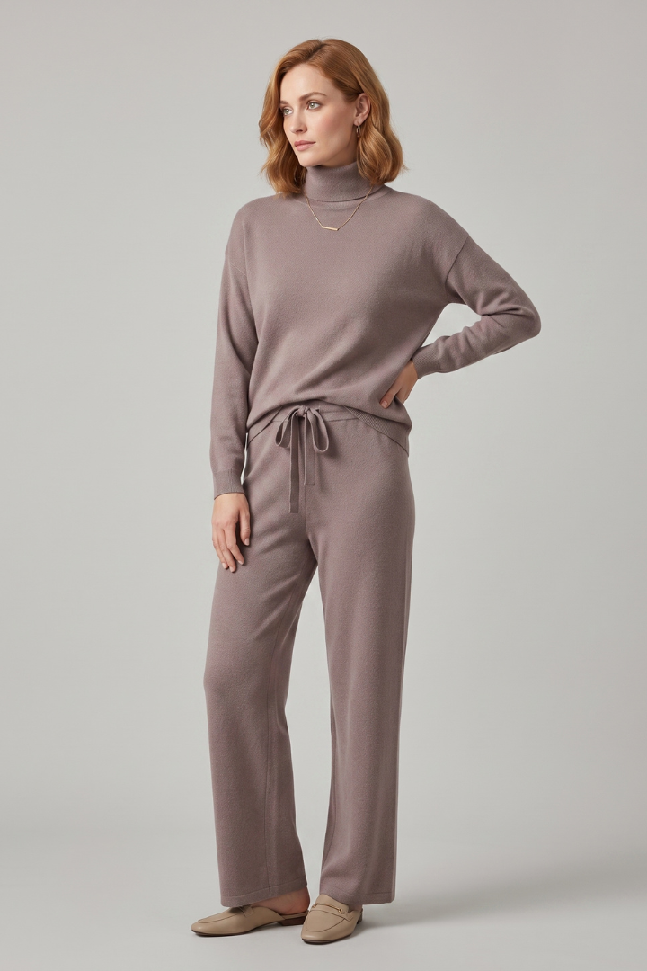Joriellea | Women’s Knit Lounge Set – High Neck Long Sleeve Top & Wide-Leg Drawstring Pants