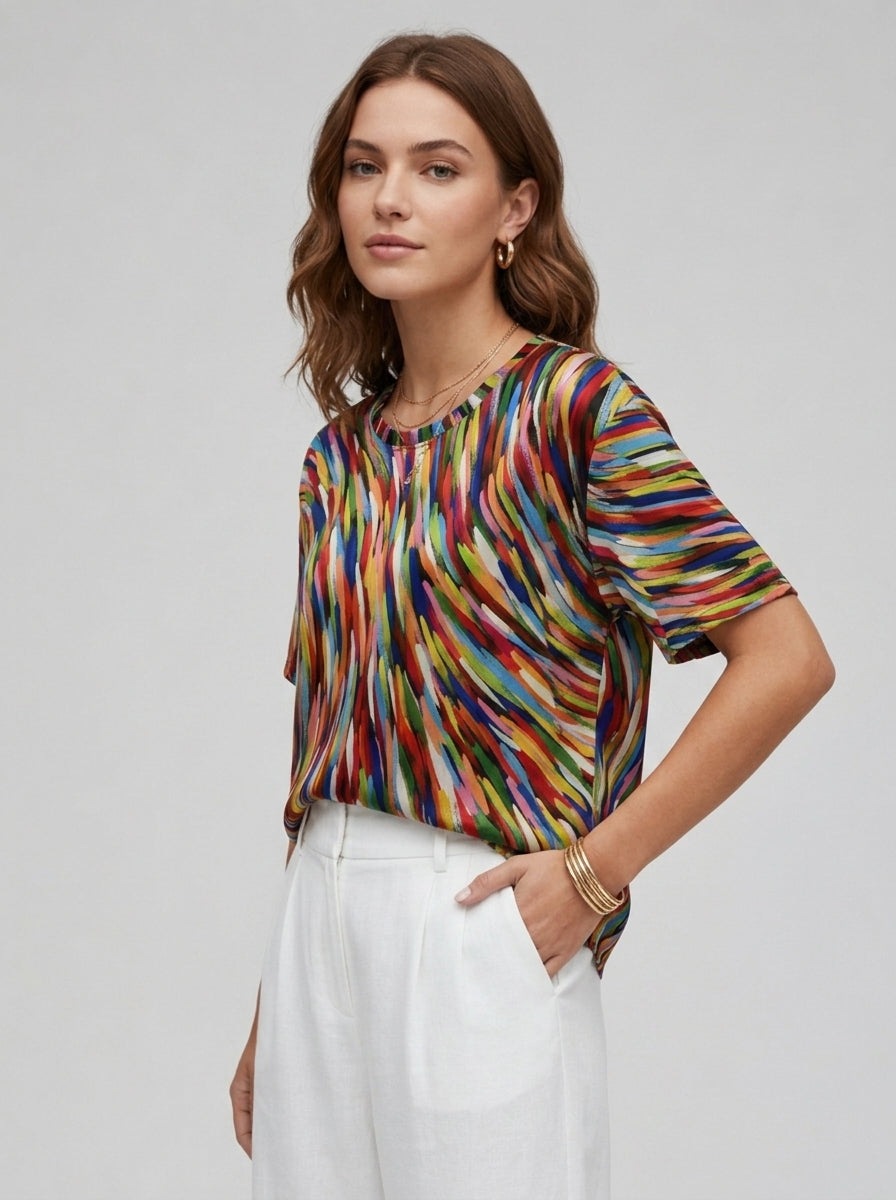 Jovie | Women’s Printed Blouse – Abstract Print Short Sleeve Top, Round Neck Loose Fit