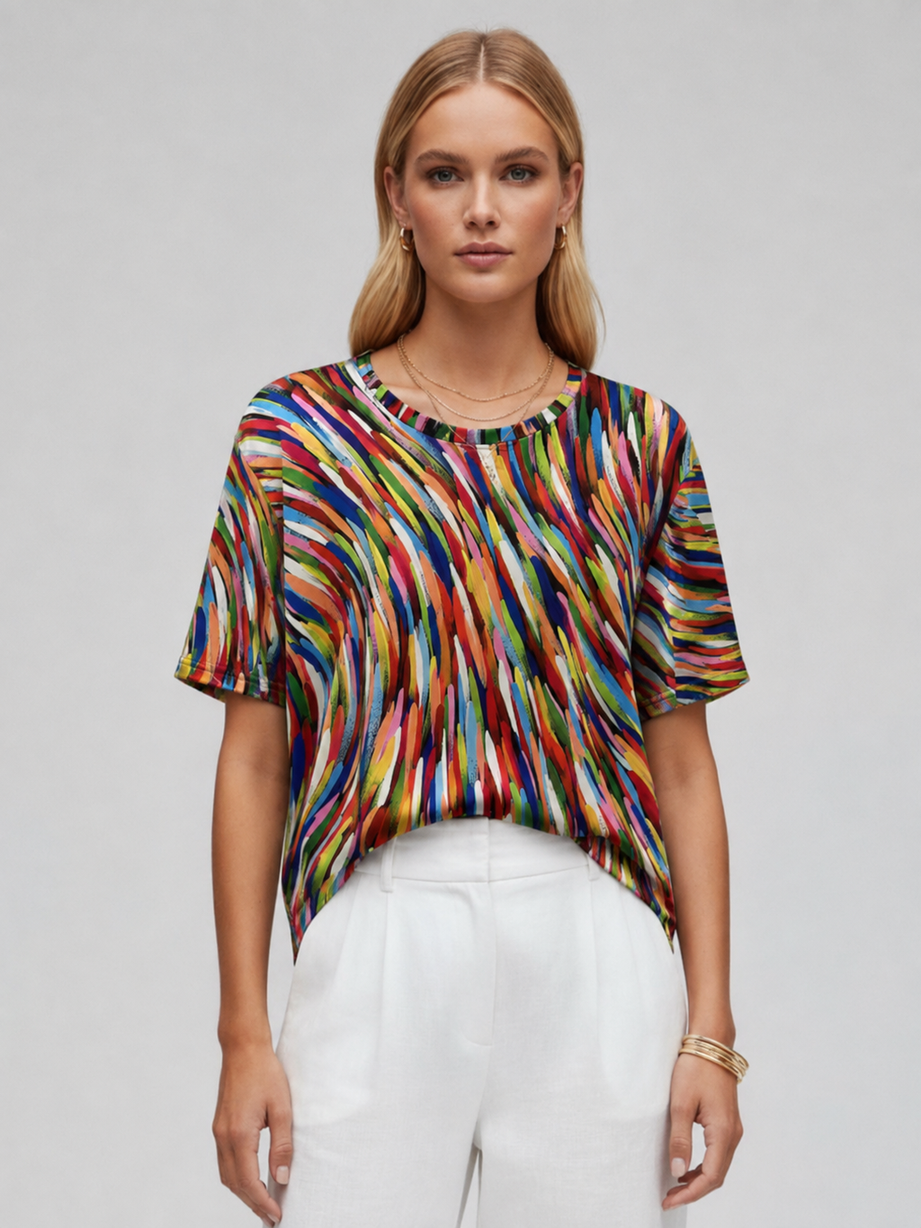 Jovie | Women’s Printed Blouse – Abstract Print Short Sleeve Top, Round Neck Loose Fit