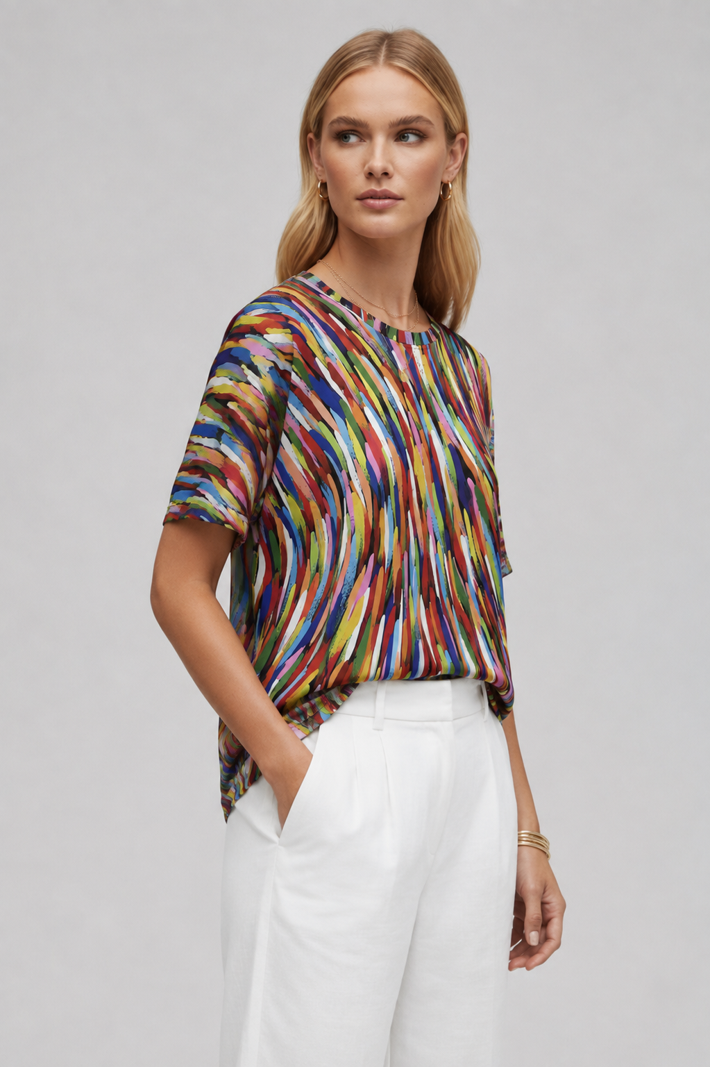 Jovie | Women’s Printed Blouse – Abstract Print Short Sleeve Top, Round Neck Loose Fit