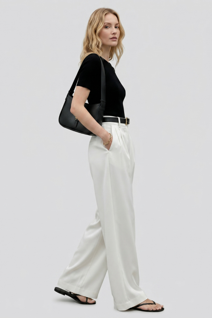 Juna | Women’s High-Waist Wide-Leg Pleated Trousers – Full Length Formal Office Pants