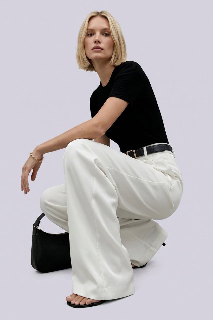 Juna | Women’s High-Waist Wide-Leg Pleated Trousers – Full Length Formal Office Pants