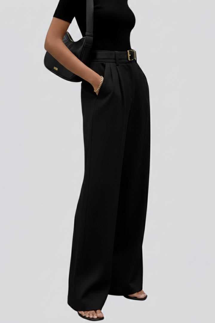 Juna | Women’s High-Waist Wide-Leg Pleated Trousers – Full Length Formal Office Pants
