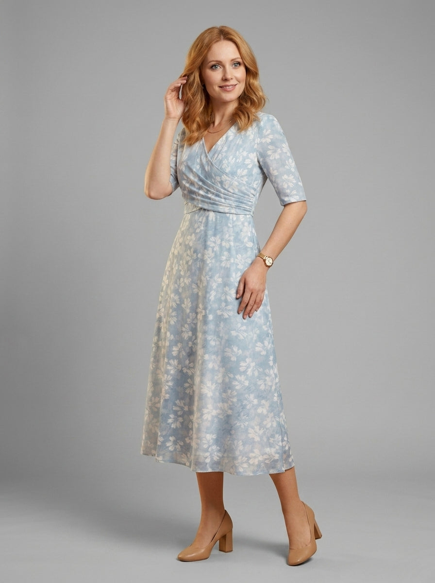 Junia | Women’s V-Neck Midi Dress – Short Sleeve Relaxed Fit Dress with Side Pockets