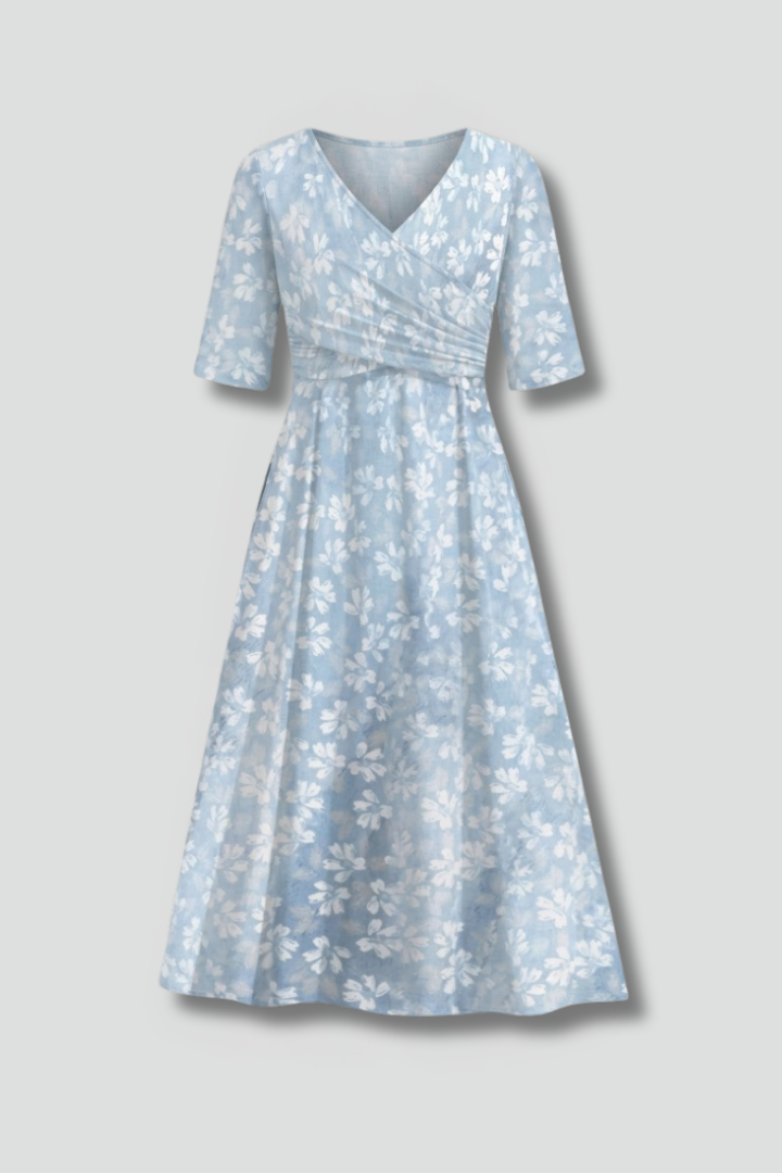 Junia | Women’s V-Neck Midi Dress – Short Sleeve Relaxed Fit Dress with Side Pockets