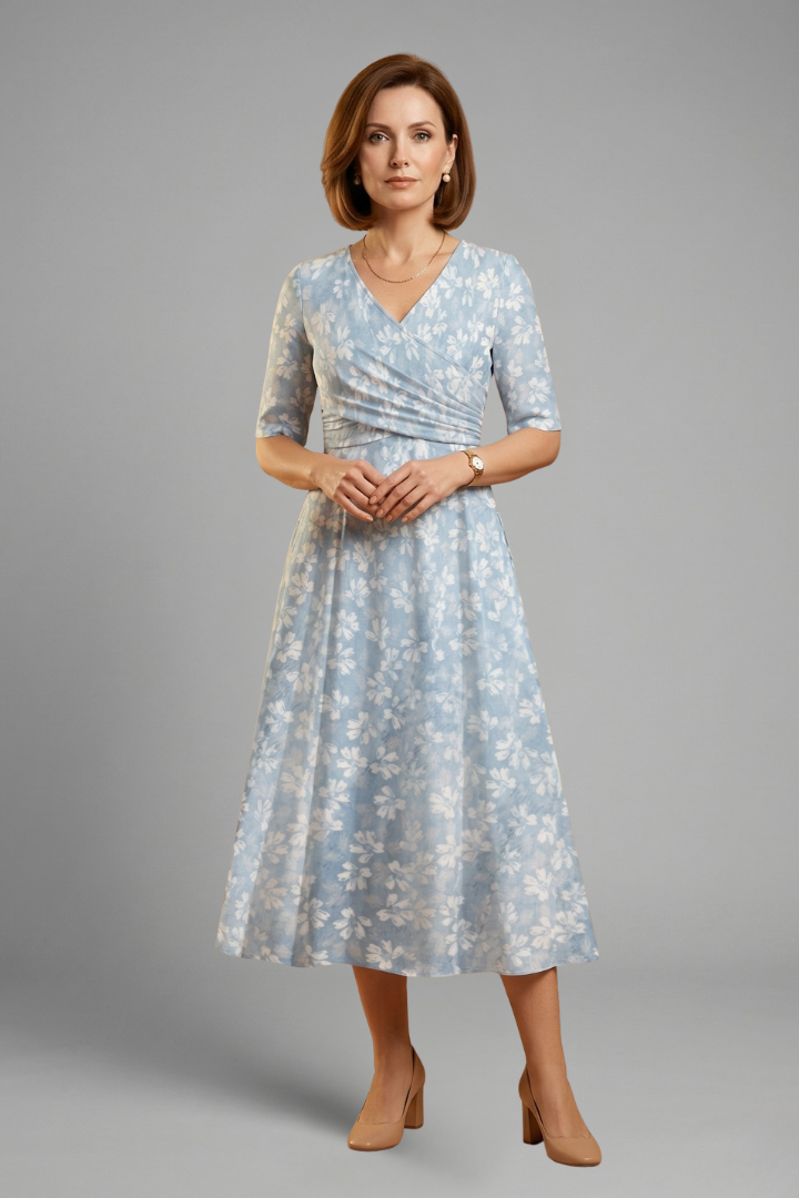 Junia | Women’s V-Neck Midi Dress – Short Sleeve Relaxed Fit Dress with Side Pockets