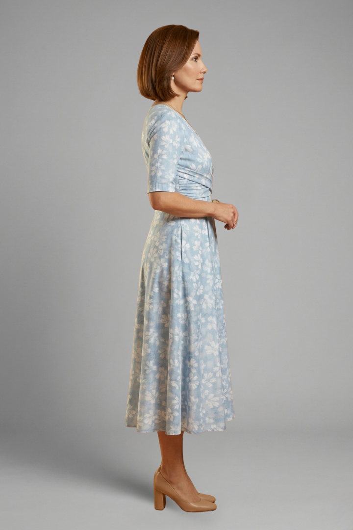 Junia | Women’s V-Neck Midi Dress – Short Sleeve Relaxed Fit Dress with Side Pockets