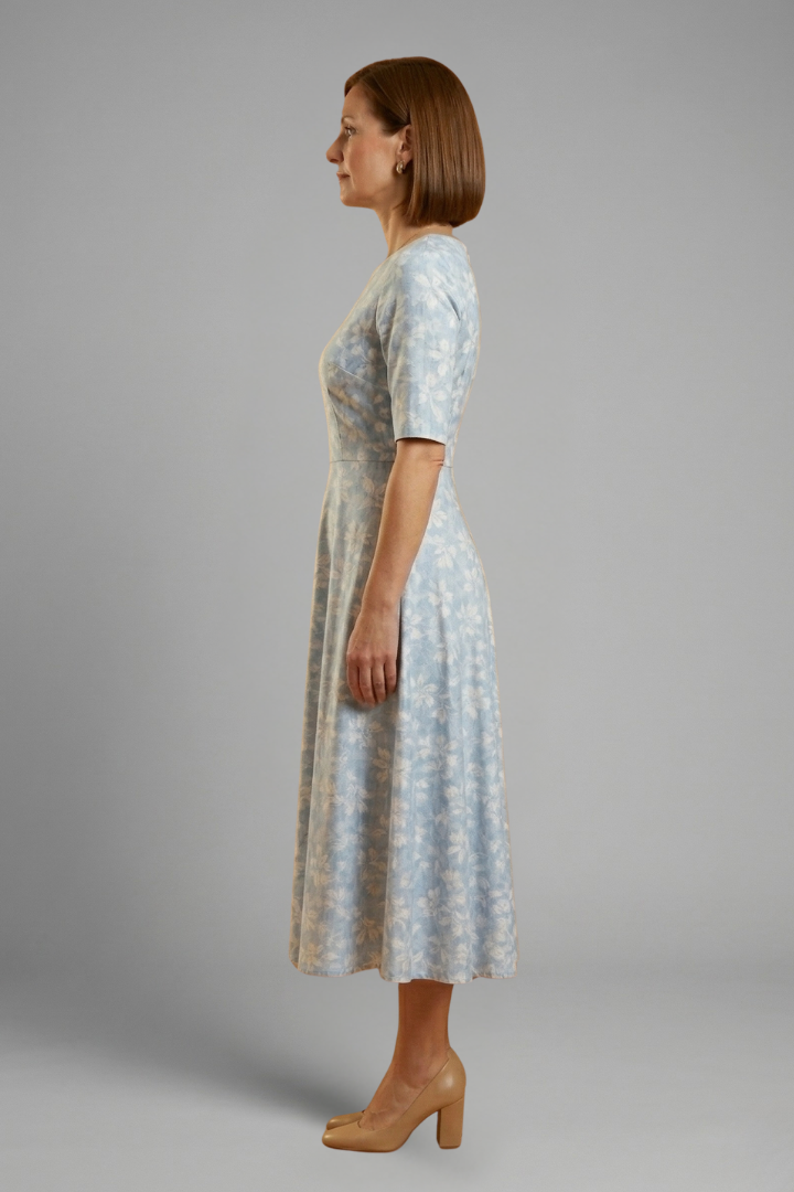 Junia | Women’s V-Neck Midi Dress – Short Sleeve Relaxed Fit Dress with Side Pockets