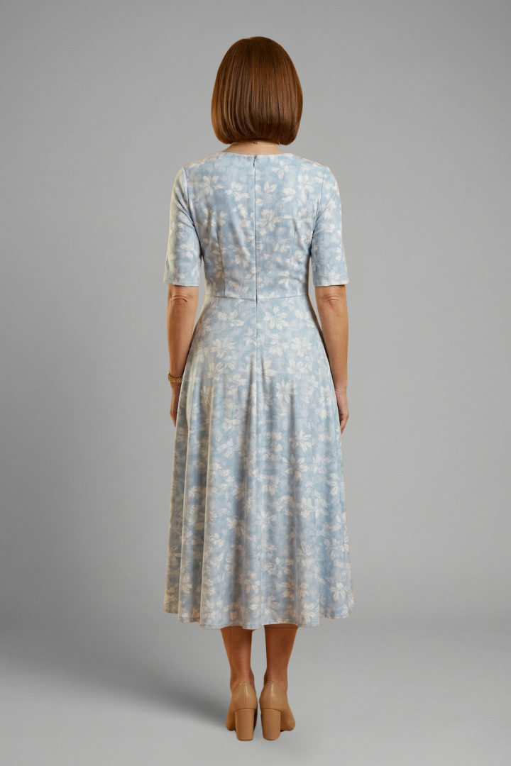 Junia | Women’s V-Neck Midi Dress – Short Sleeve Relaxed Fit Dress with Side Pockets