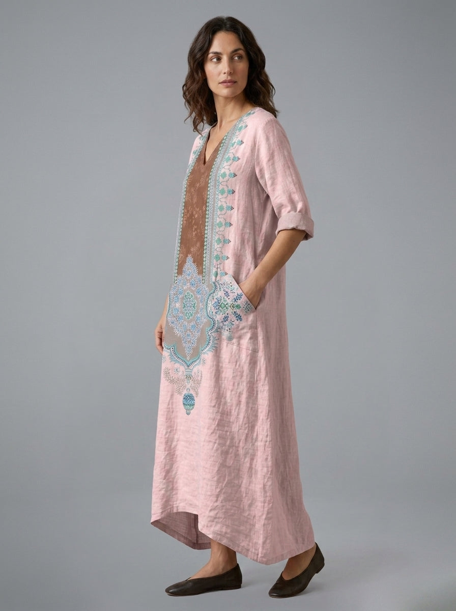 Juniper | Women's Embroidered Maxi Dress – Round Neck Short Sleeve Long Dress with Side Pockets & Relaxed Fit